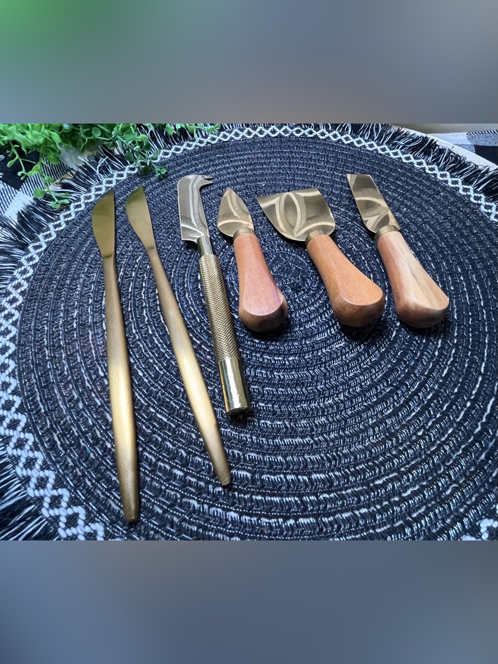Brass and Wood Kitchen Utensil Set - Gold Tone